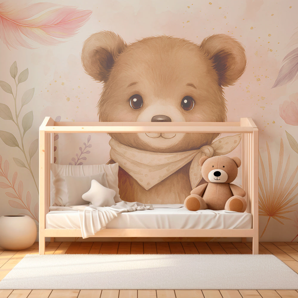Gentle bear nursery wallpaper with floral elements in serene baby room setting