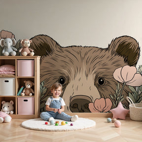 Bear floral mural wallpaper creating peaceful nursery decor with natural wood furniture by Kids-Mundo