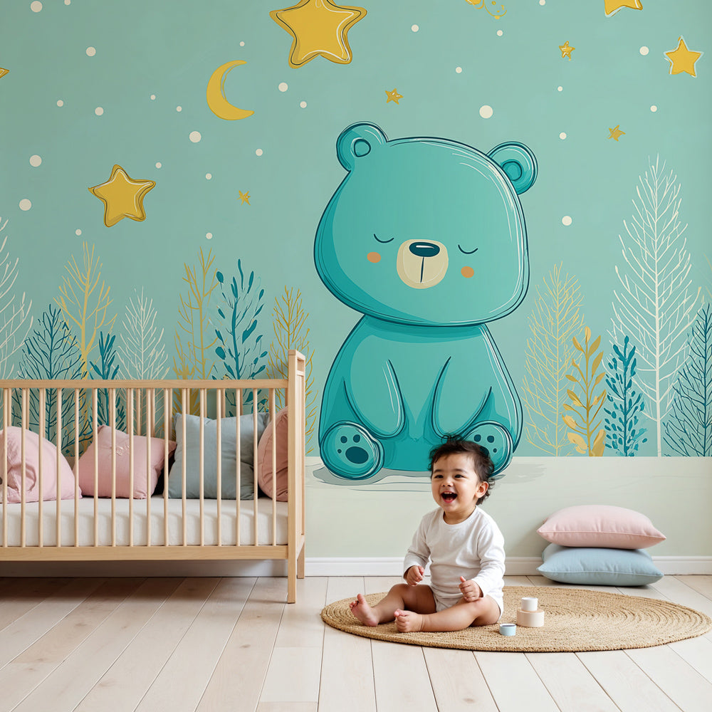 Sleeping bear under starry sky mural wallpaper in peaceful baby nursery by Kids-Mundo