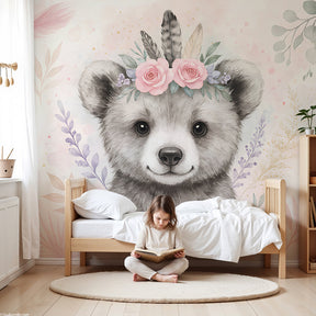 Bear mural wallpaper with floral crown creating gentle nursery decor by Kids-Mundo