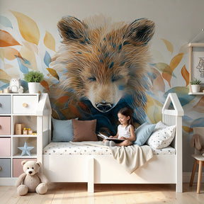 Bear mural wallpaper with autumn leaves in cozy nursery setting by Kids-Mundo