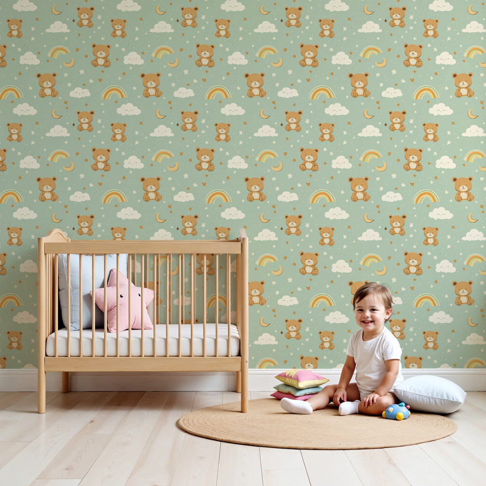 Bear cubs mural wallpaper creating magical nursery decor with dreamy clouds by Kids-Mundo