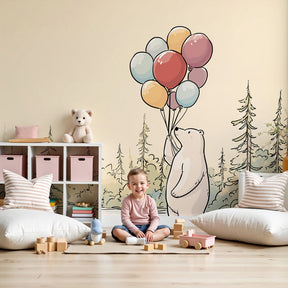 Bear mural wallpaper with colorful balloons decorating modern nursery by Kids-Mundo