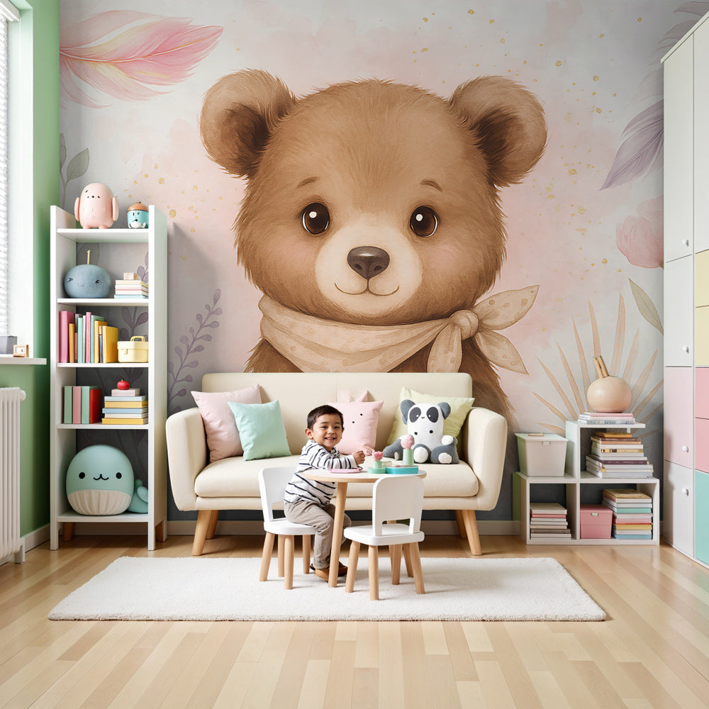 Adorable teddy bear mural wallpaper in modern nursery with wooden crib by Kids-Mundo