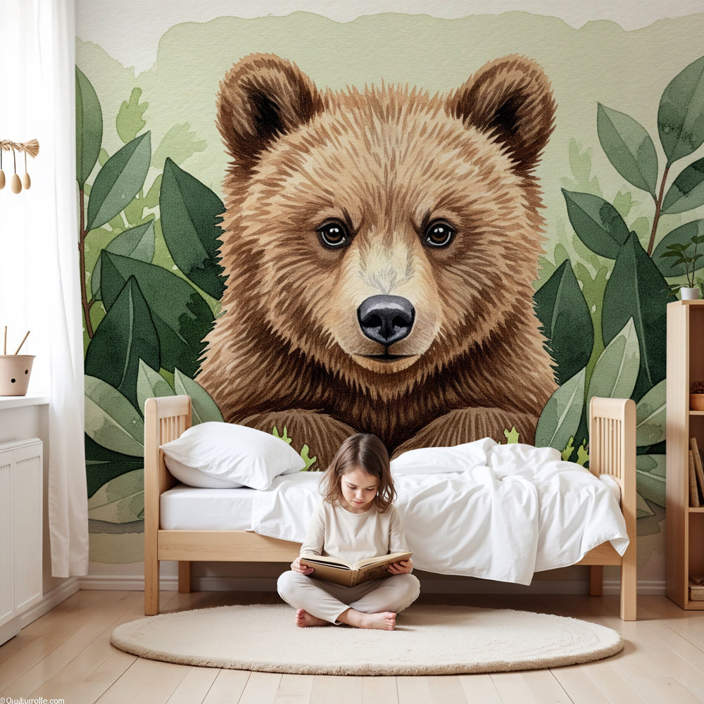 Bear cub mural wallpaper in modern nursery with natural decor by Kids-Mundo