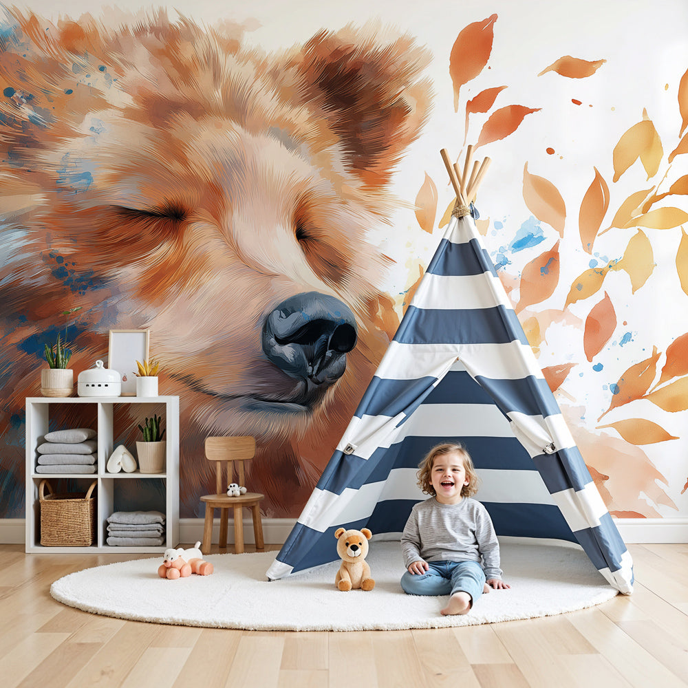 Watercolor bear mural wallpaper in modern nursery with natural wood furniture by Kids-Mundo