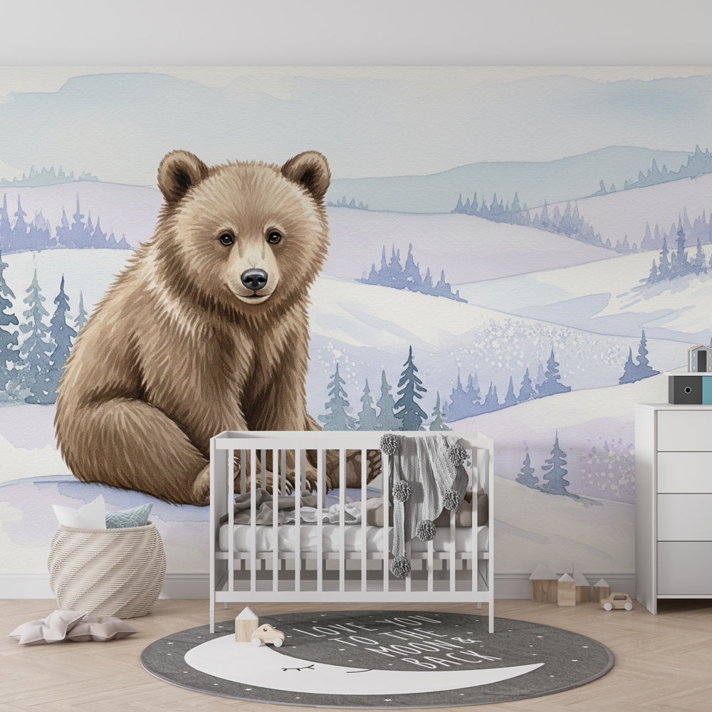 Winter bear wallpaper transforming kids playroom into magical forest wonderland