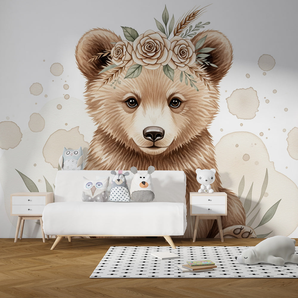 Watercolor bear mural wallpaper creating peaceful children's room with natural wood furniture