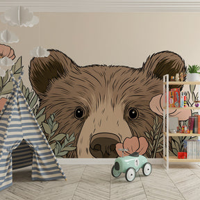 Nature-themed bear wallpaper transforming toddler room into magical garden space