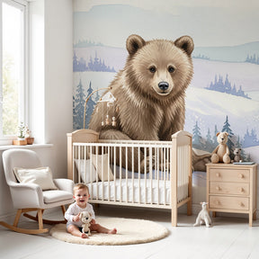 Bear winter forest mural wallpaper in modern nursery with white crib by Kids-Mundo