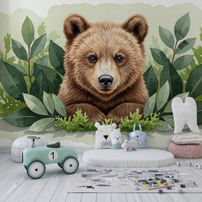 Forest bear wallpaper creating cozy woodland atmosphere in children's bedroom