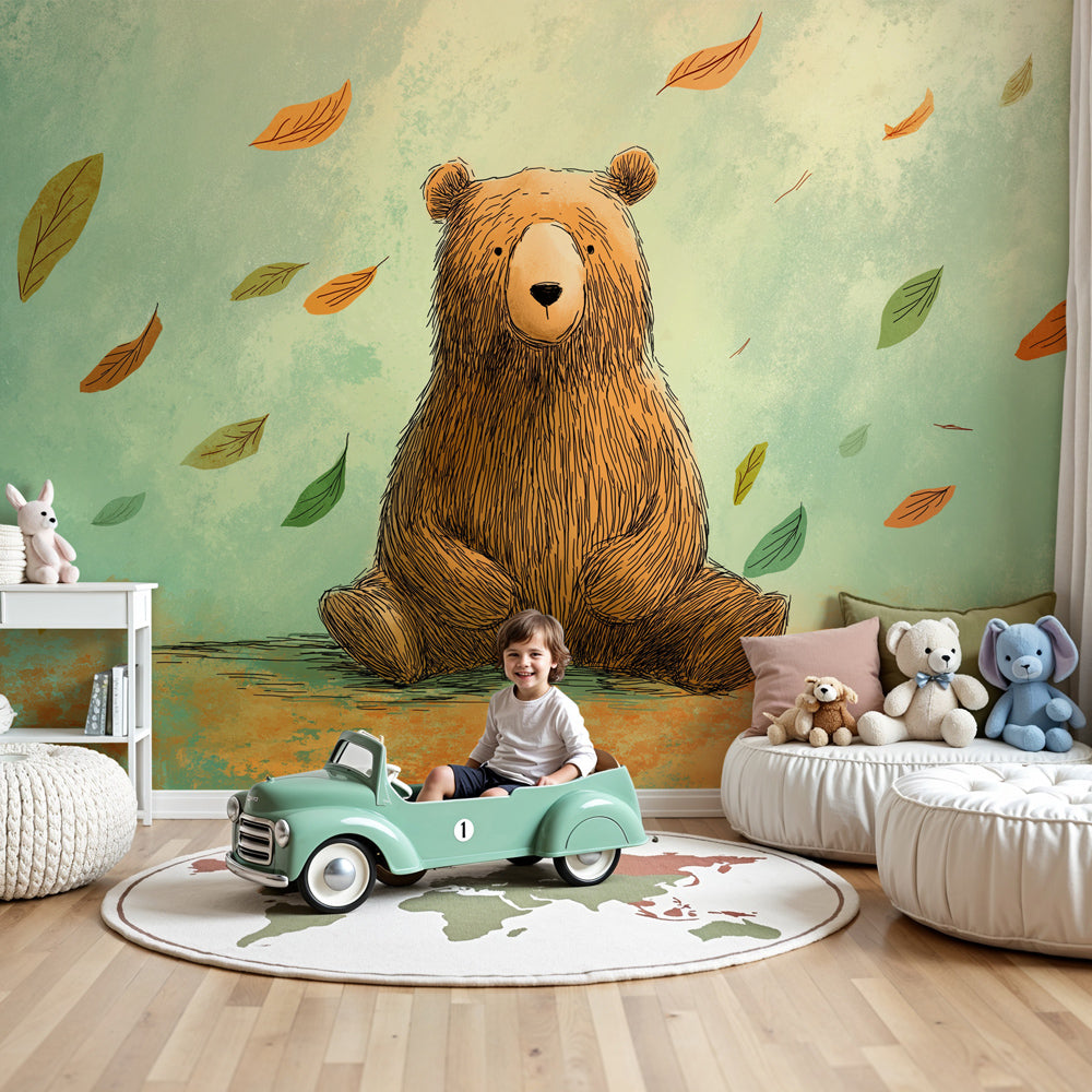 Bear mural wallpaper creating cozy woodland nursery decor with autumn leaves by Kids-Mundo
