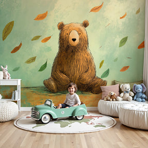 Bear mural wallpaper creating cozy woodland nursery decor with autumn leaves by Kids-Mundo