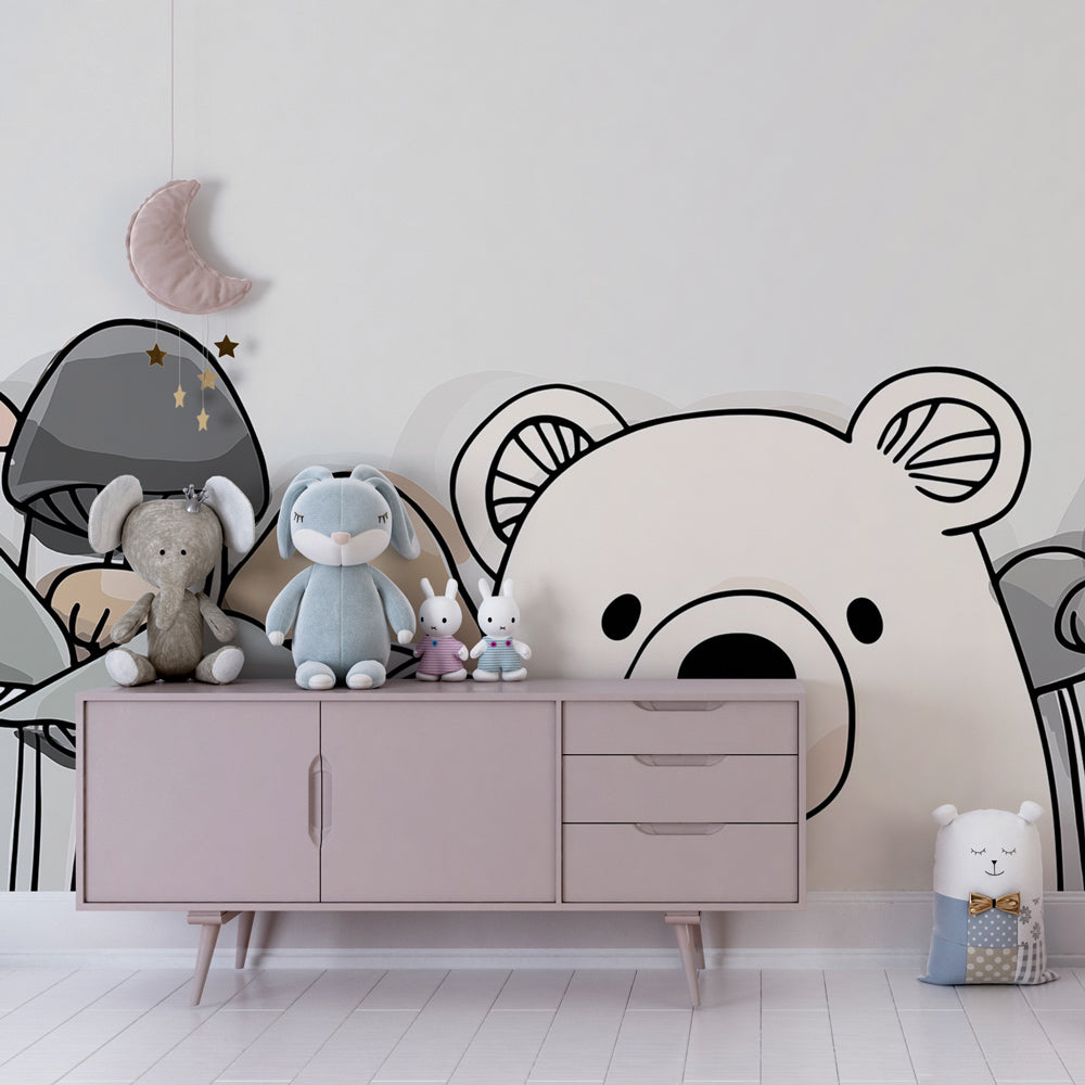 Mushroom woodland mural wallpaper with teddy bear in cozy children's bedroom decor