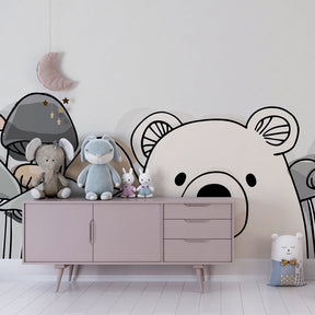 Mushroom woodland mural wallpaper with teddy bear in cozy children's bedroom decor