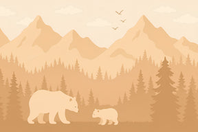 Detailed bear and forest mural wallpaper design pattern with mountain backdrop by Kids-Mundo