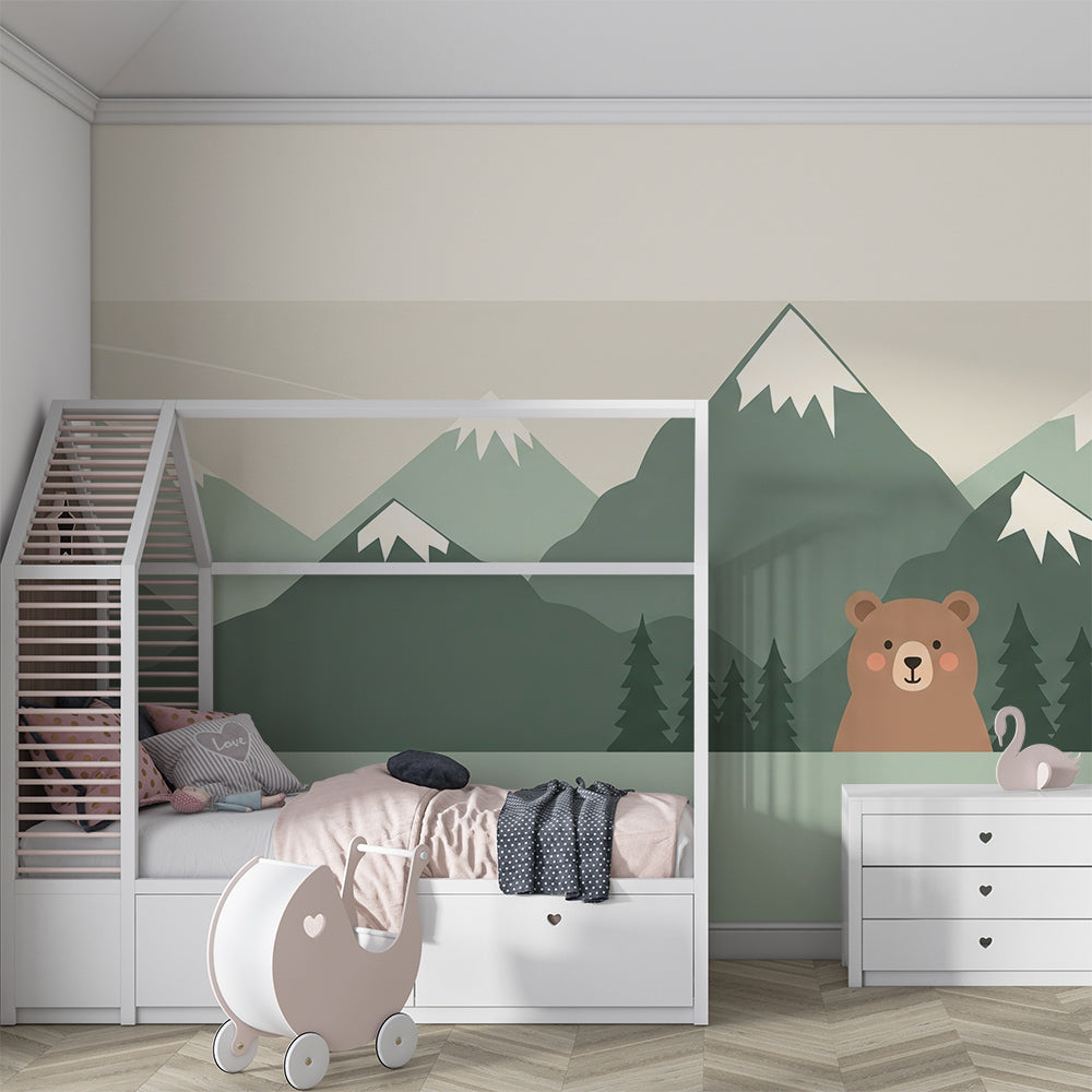 Kids-Mundo bear and mountain mural wallpaper decorating a cosy woodland-themed kids bedroom wall