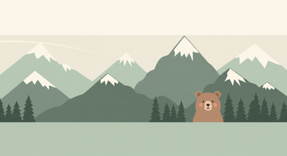 Kids-Mundo flat illustration of a bear peeking over sage-green pine mountains, the wall mural artwork