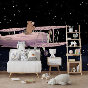 Starry sky bear aviation wallpaper transforming kids bedroom into adventure space