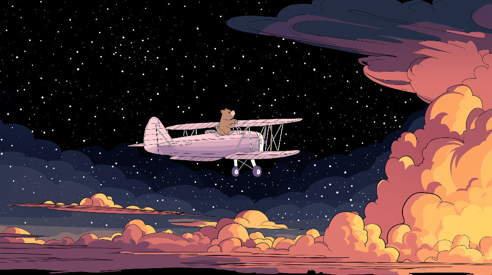 Detailed bear pilot mural wallpaper design pattern with pink airplane and colorful clouds by Kids-Mundo