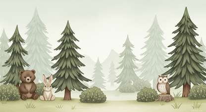 Kids-Mundo flat artwork of a bear and rabbit with an owl forest wall mural design.