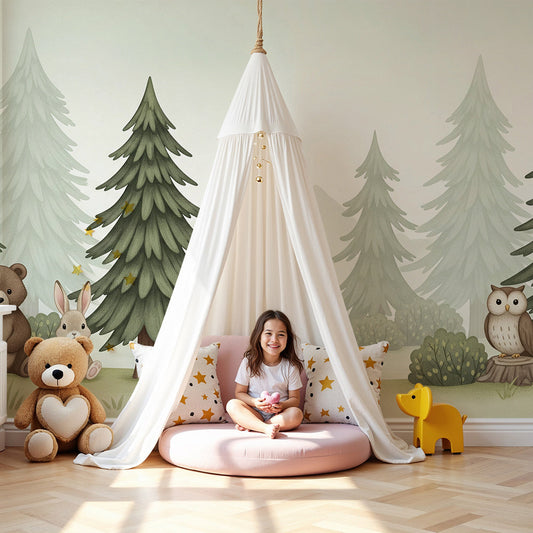Kids-Mundo bear and rabbit forest wall mural styled in a cosy, muted green nursery.