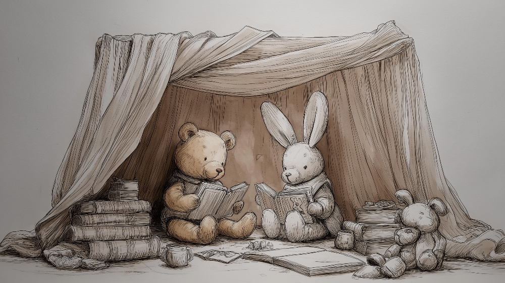 Bear and Rabbit Reading in a Blanket Tent Wall Mural