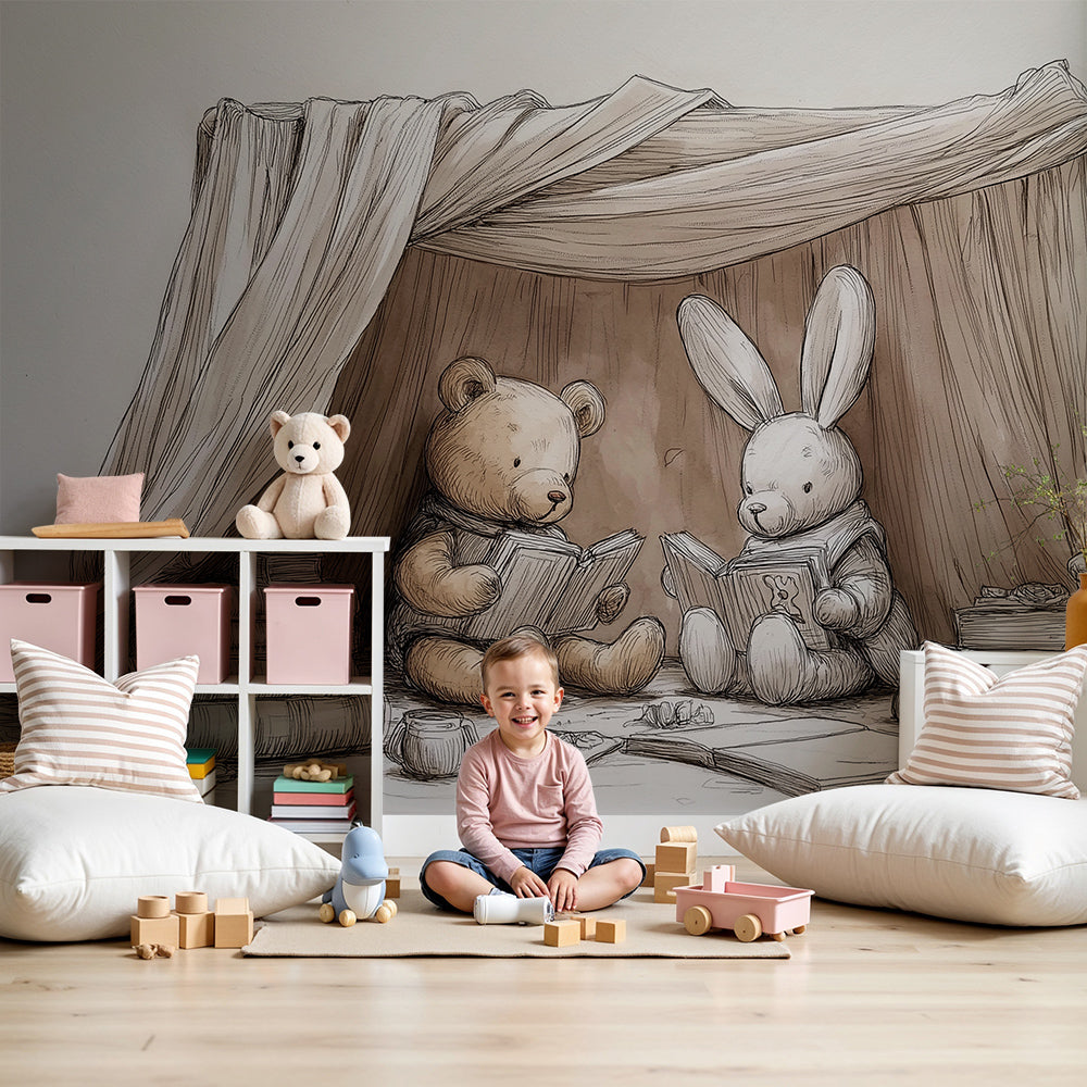 Kids-Mundo bear and rabbit reading wall mural made to measure in a cosy nursery reading corner