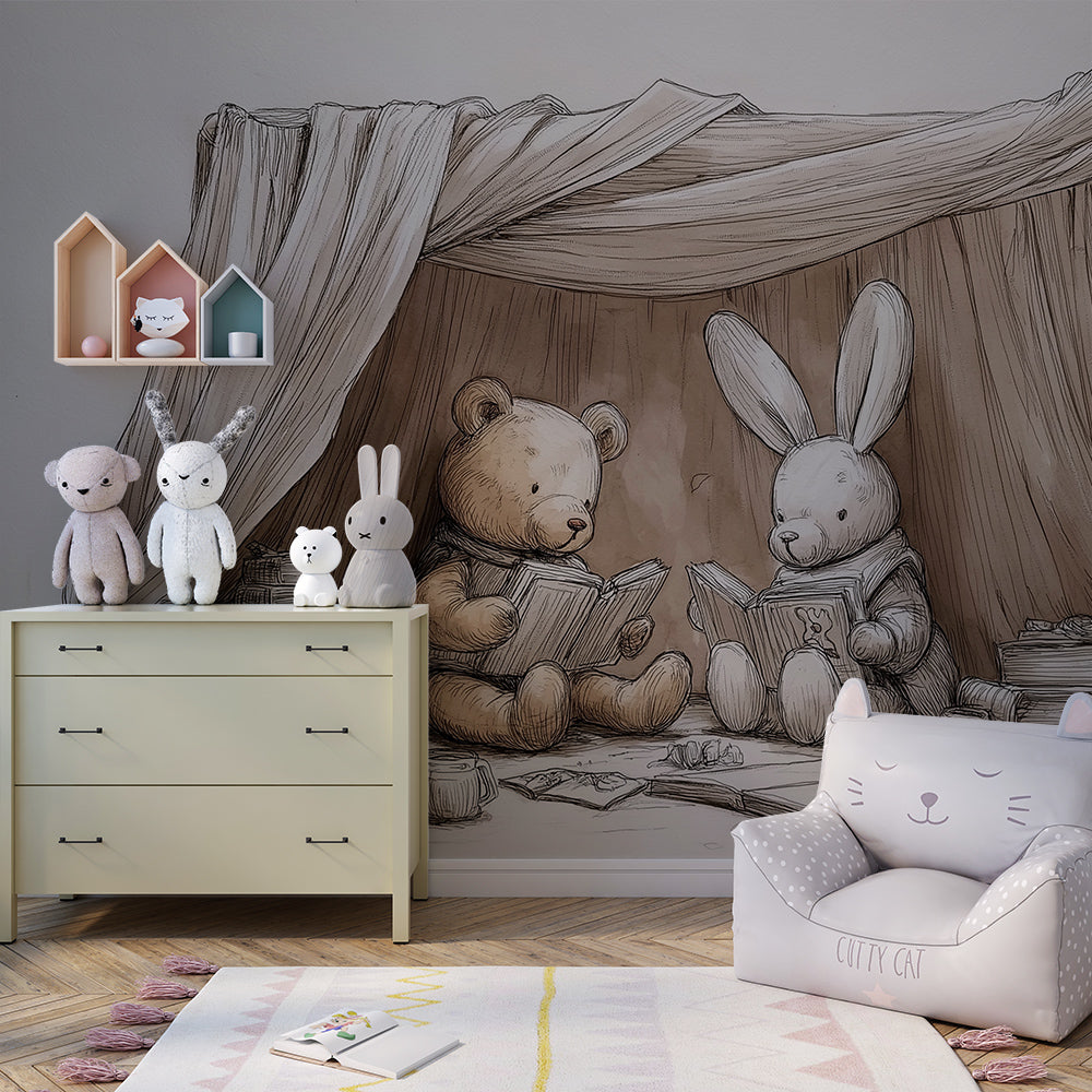 Kids-Mundo bear and rabbit wall mural fitted along a calm children's playroom wall