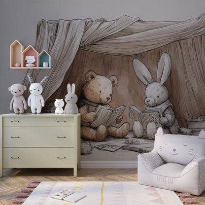 Kids-Mundo bear and rabbit wall mural fitted along a calm children's playroom wall