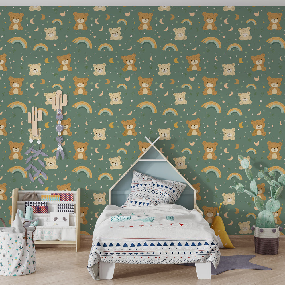 Colorful rainbow bear mural wallpaper for children's room with celestial moon star elements