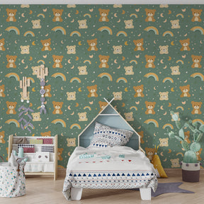 Colorful rainbow bear mural wallpaper for children's room with celestial moon star elements