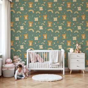 Bear rainbow mural wallpaper creating cozy nursery atmosphere with playful cubs design by Kids-Mundo