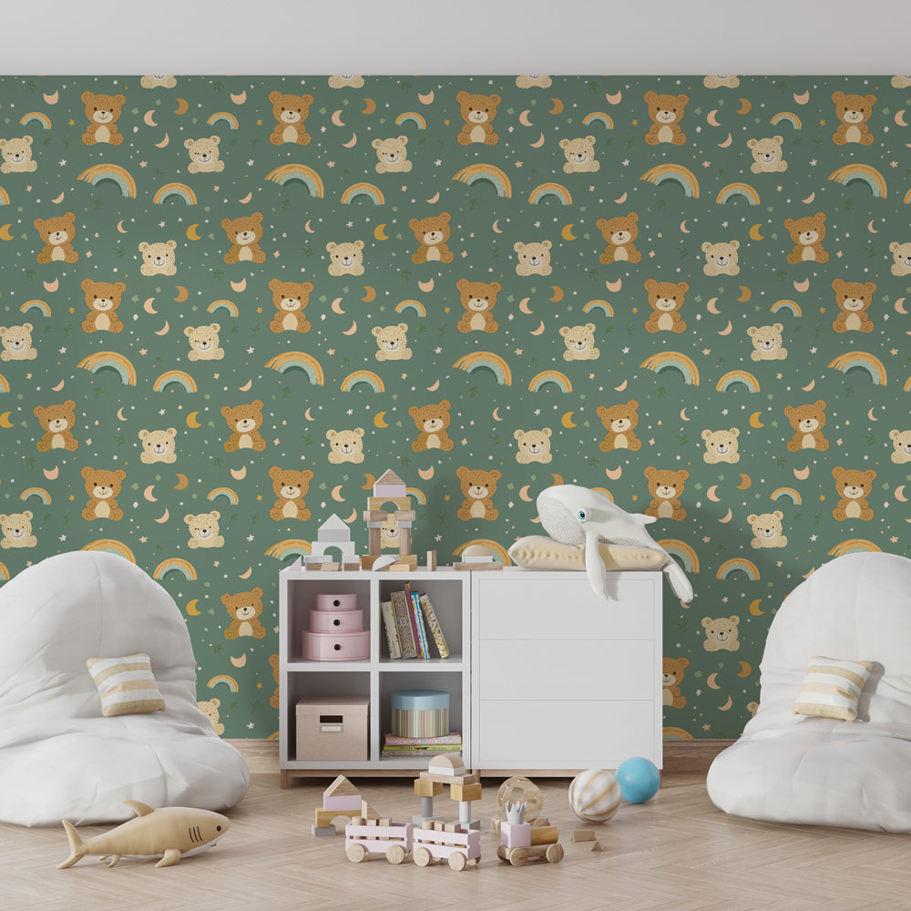 Happy bear cubs rainbow wallpaper transforming modern toddler bedroom with green beige tones