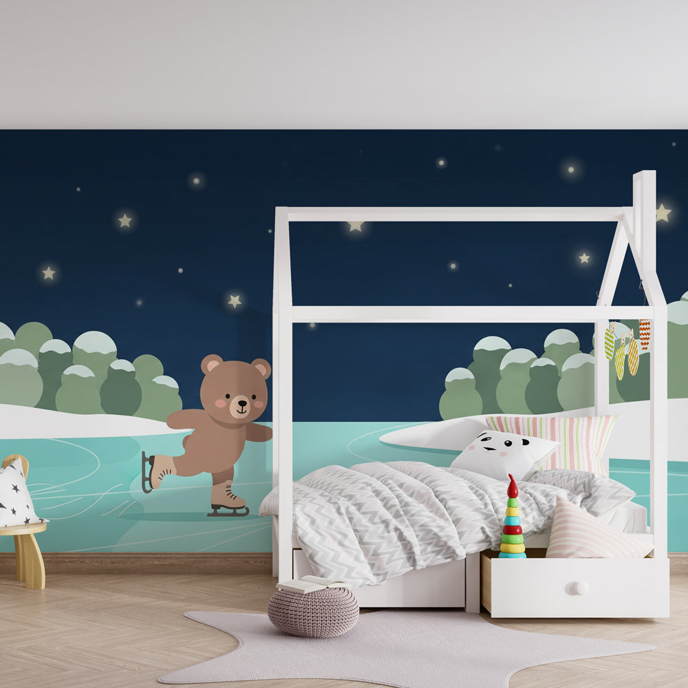 Skating bear mural wallpaper with starry night sky for children's room by Kids-Mundo