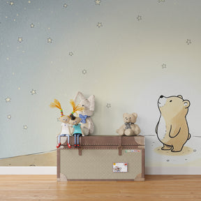 Celestial bear wallpaper in modern baby bedroom with starlit night sky theme for peaceful sleep