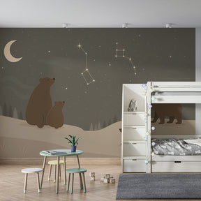 Night sky bear wallpaper in modern kids bedroom with natural wood furniture and soft lighting