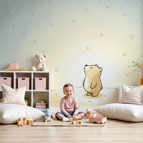 Bear stars mural wallpaper creating dreamy nursery atmosphere with soft blue tones by Kids-Mundo
