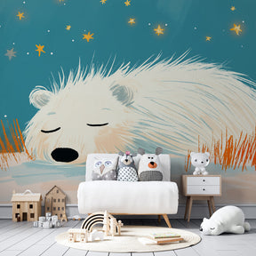Bear under stars mural wallpaper complementing pastel nursery decor and accessories