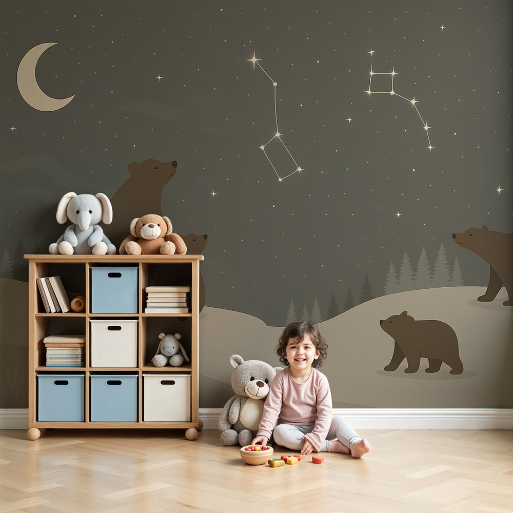 Bear stars mural wallpaper creating dreamy nursery atmosphere with night sky theme by Kids-Mundo