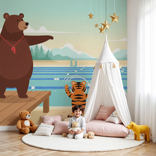 Kids-Mundo poolside bear and tiger wall mural covering a wall in a child's bedroom