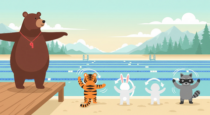 Flat artwork preview of the Kids-Mundo bear swim coach and animal friends wall mural design