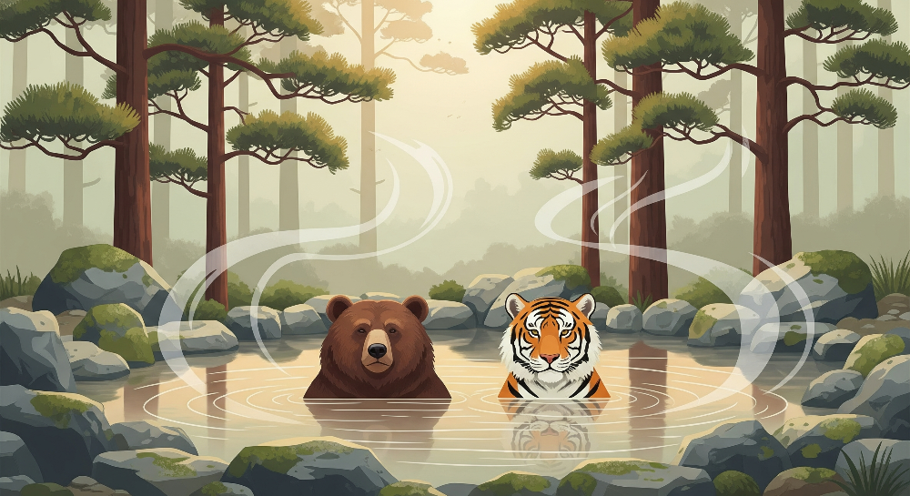 Flat artwork preview of the Kids-Mundo bear and tiger forest hot spring wall mural design