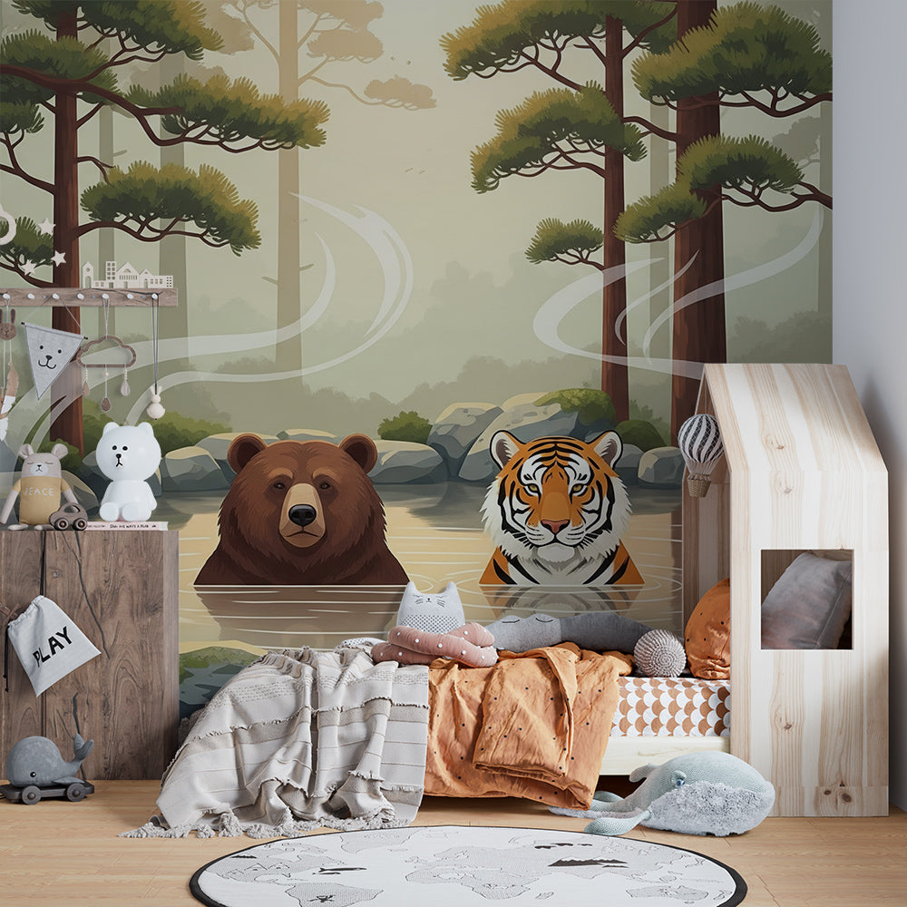 Kids-Mundo bear and tiger mural on a playroom wall with a reading corner nearby