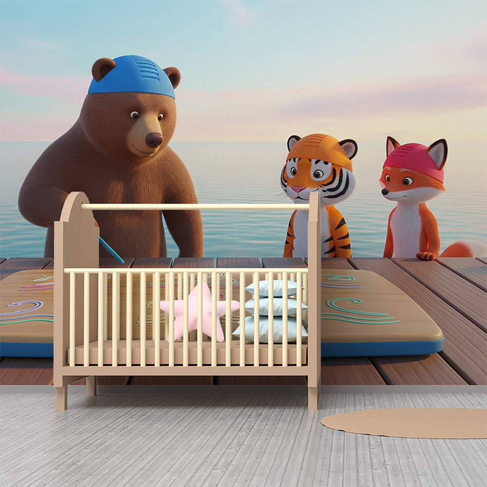 Kids-Mundo bear and tiger seaside wall mural brightening a cosy children's playroom.