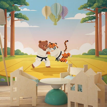 Kids-Mundo karate wall mural with bear and tiger bringing energy to a child's bedroom
