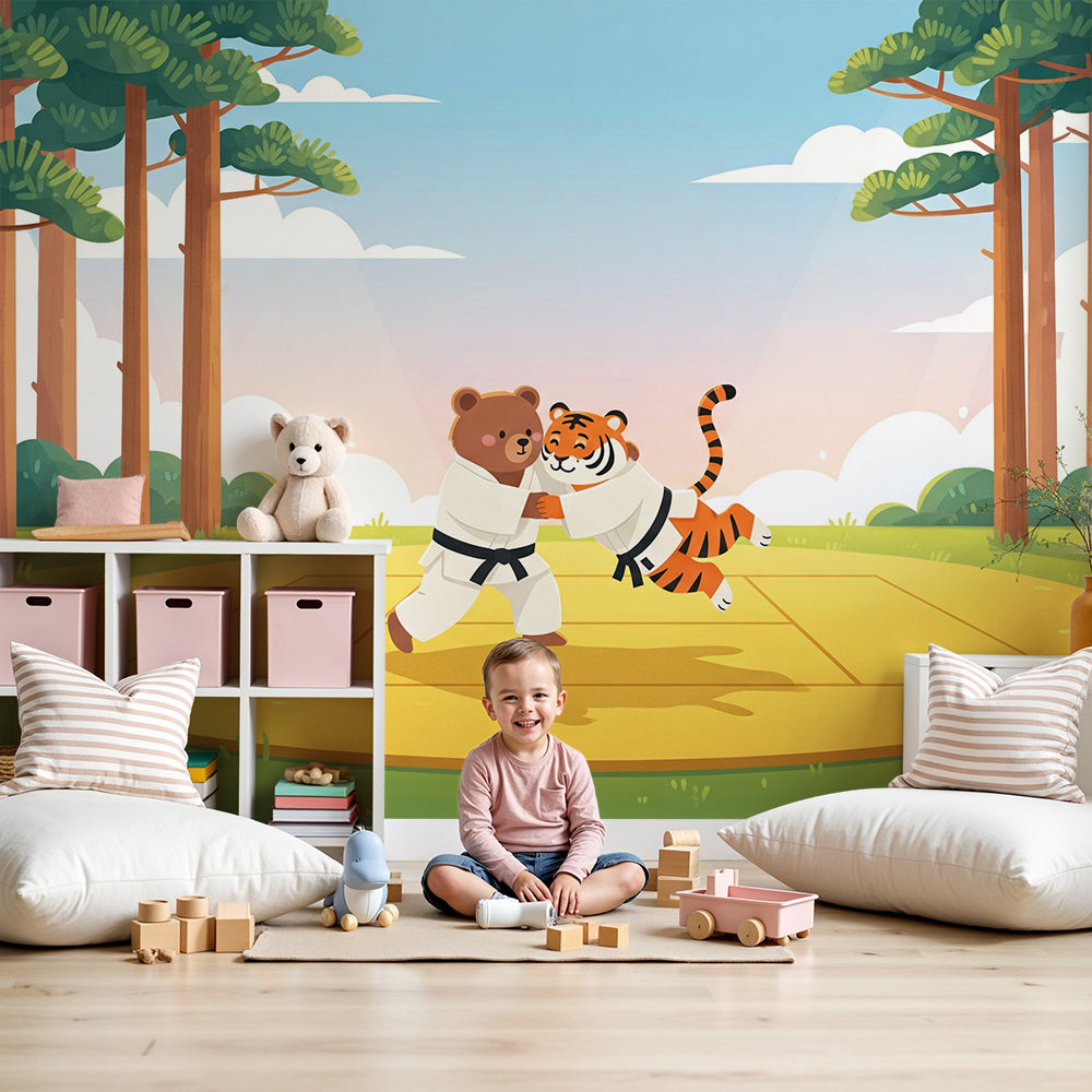 Kids-Mundo bear and tiger karate wall mural styled in a bright, playful nursery room
