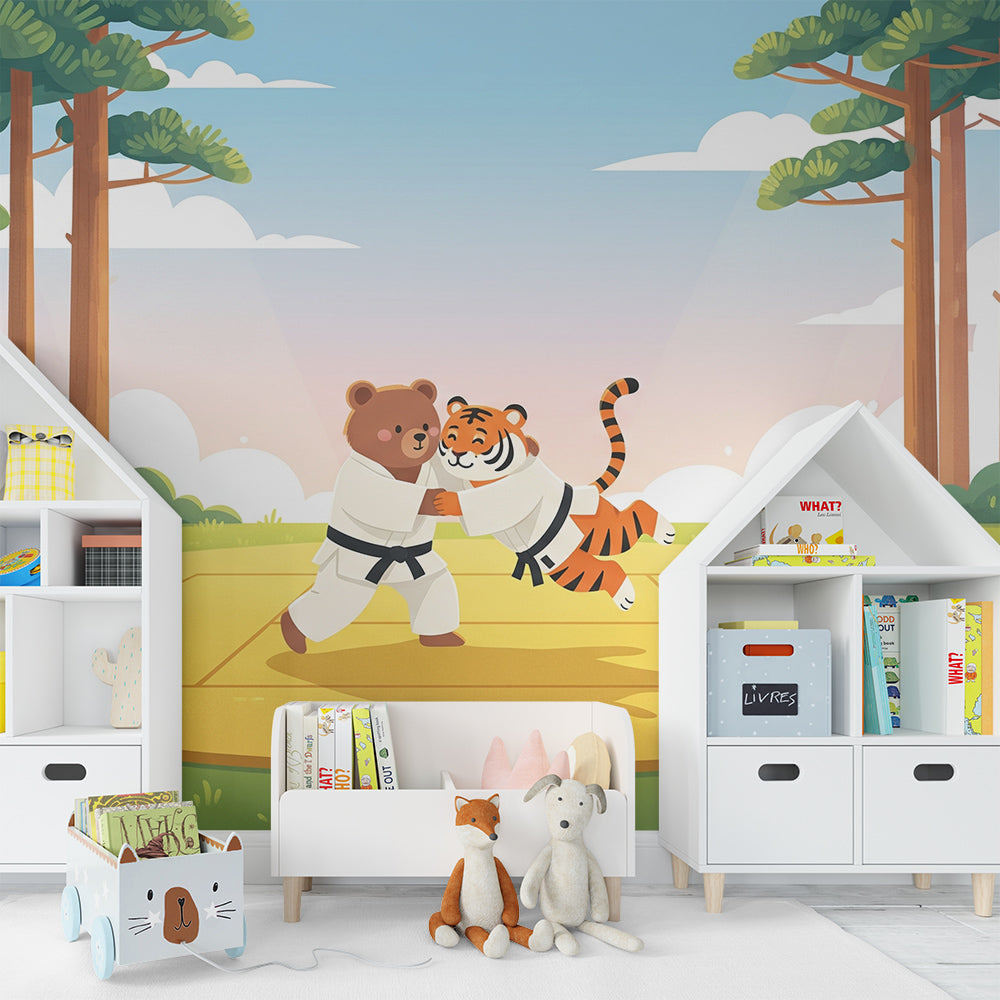 Kids-Mundo bear and tiger karate mural adding action to a lively playroom wall