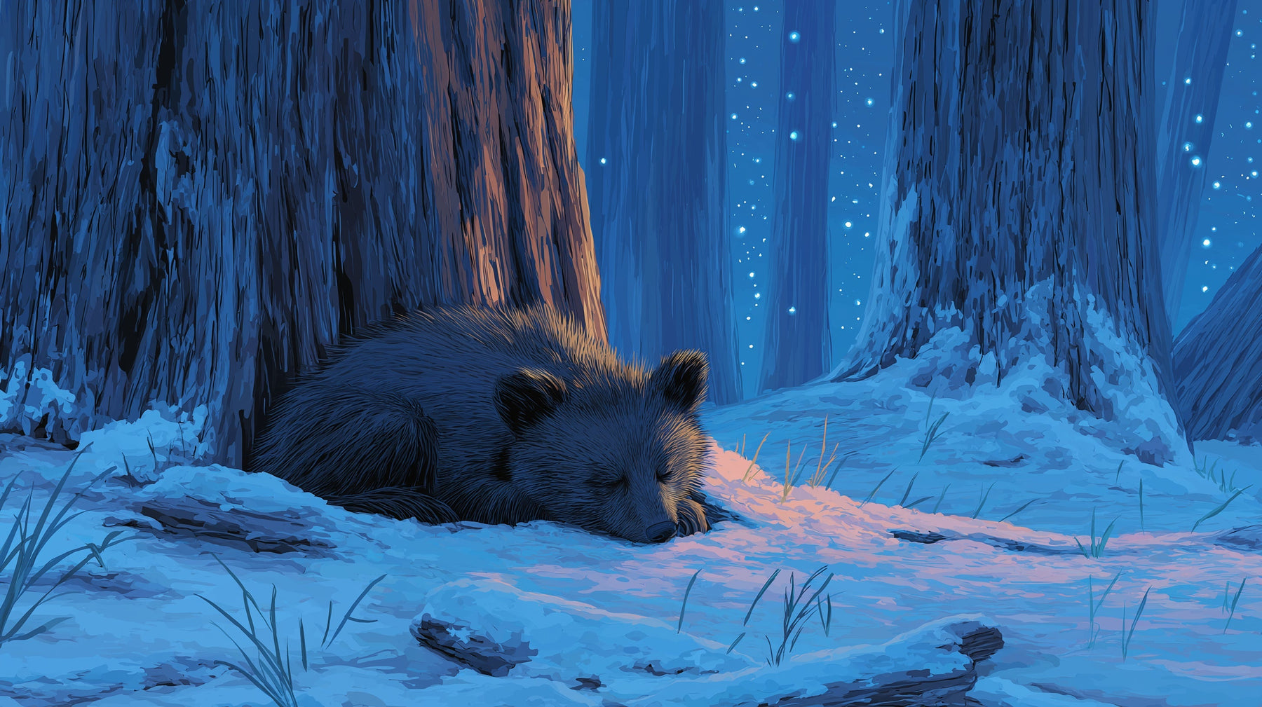 Detailed winter bear forest mural wallpaper design pattern showing peaceful snow scene by Kids-Mundo