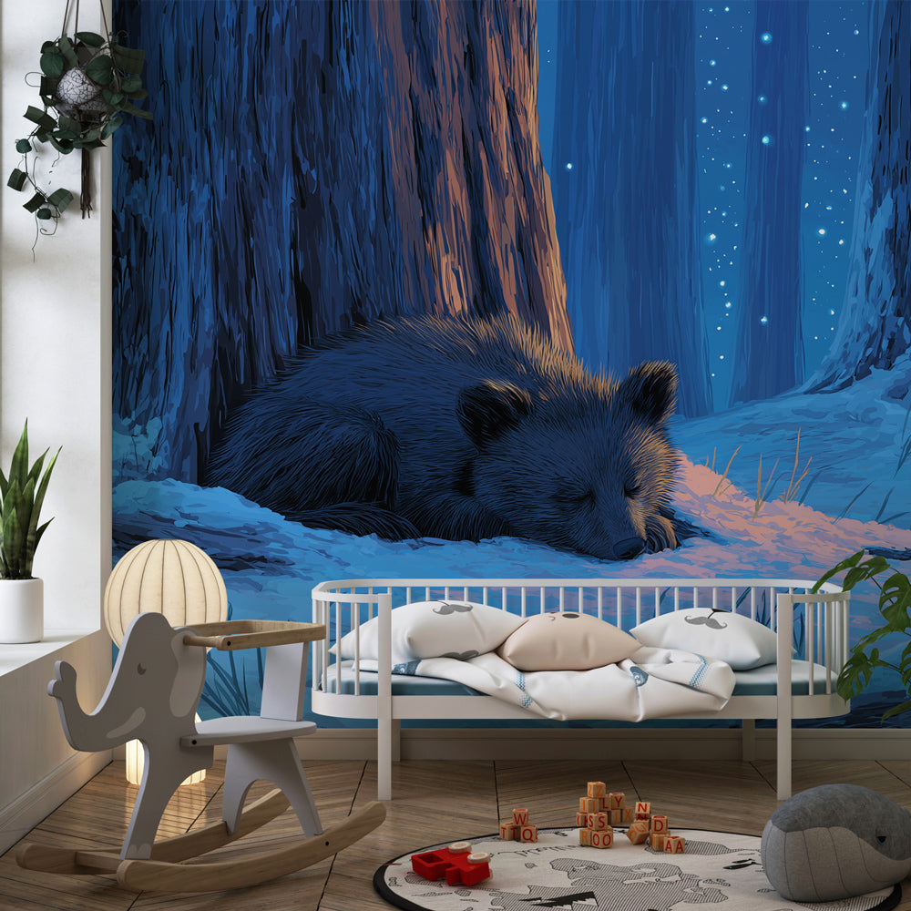 Peaceful bear in snow mural wallpaper transforming kids room into magical winter sanctuary